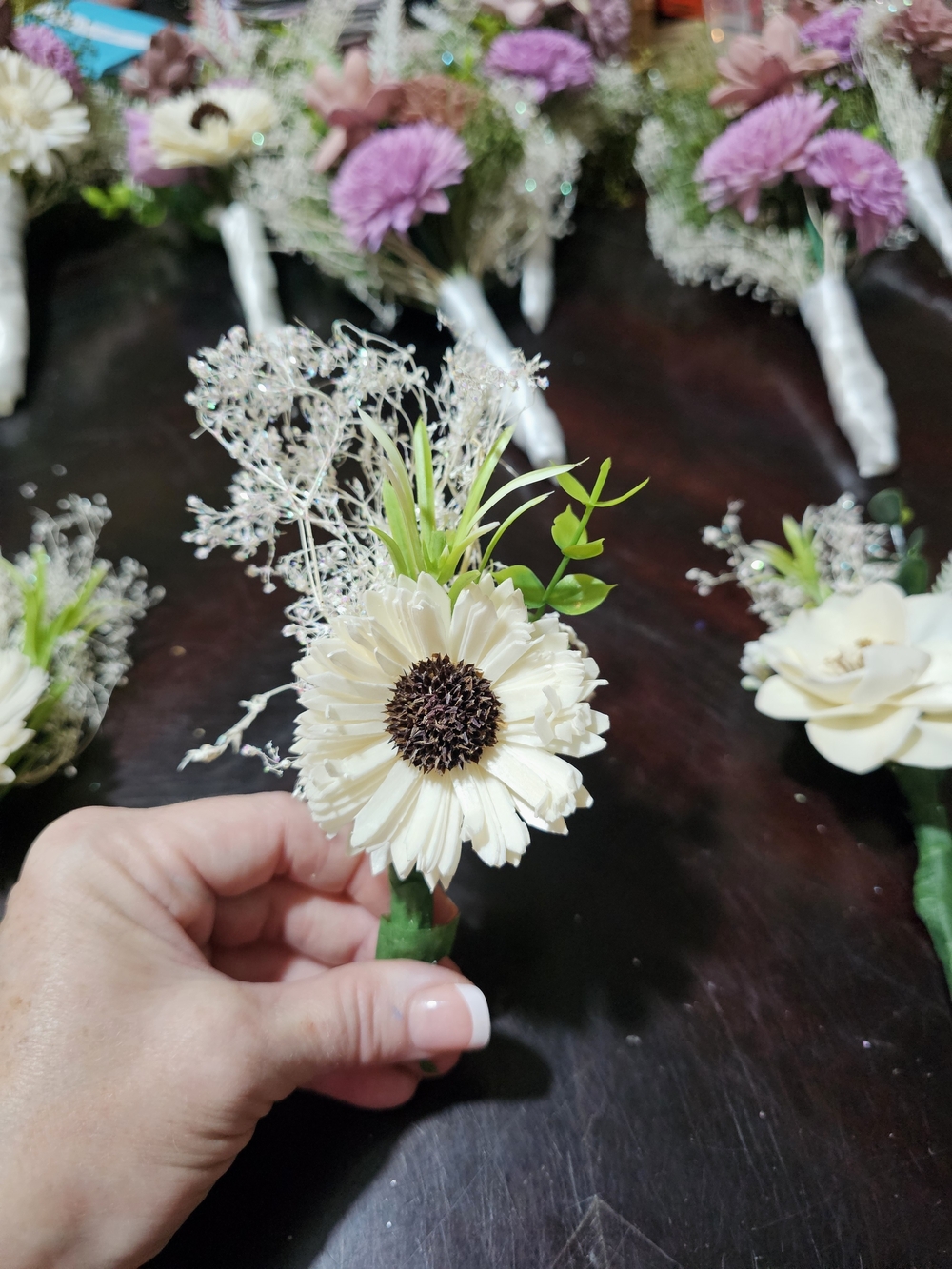 Cream Sunflower Sola Wood Boutonniere with Green Accents (5)